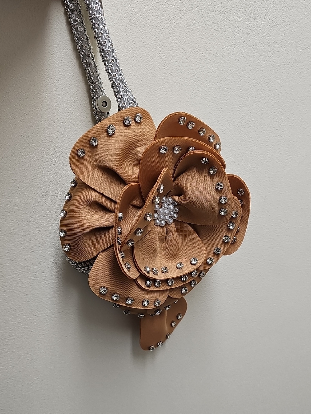 Embellished Flower Crossbody Bag - Camel with Rhinestones
